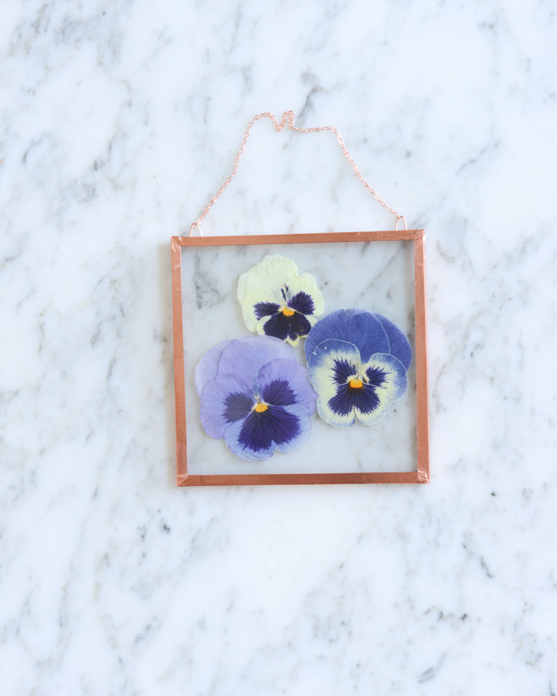 Blue Pansies - Small Glass and Copper Wall Hanging