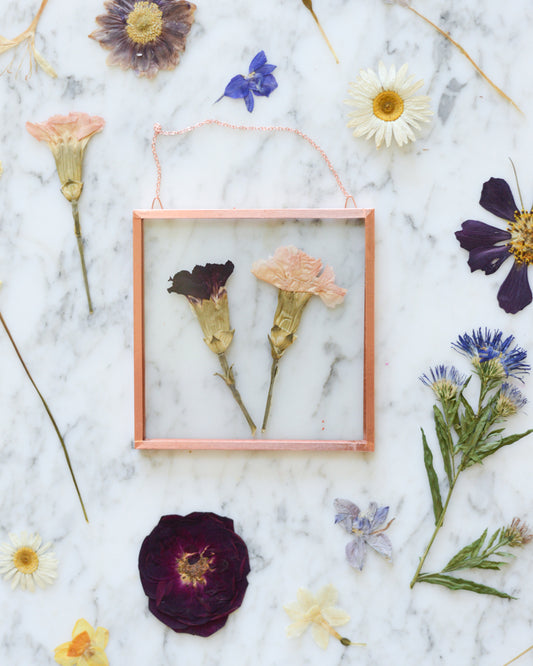 Birth Flowers - Real Pressed Flowers in Small Glass and Copper Wall Hanging