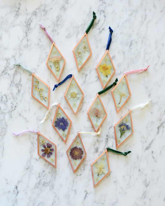 Birth Flower Ornament - Real Pressed Flowers in Beveled Glass and Copper