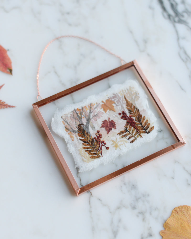Falling Leaves - Watercolor in Small Glass and Copper Wall Hanging