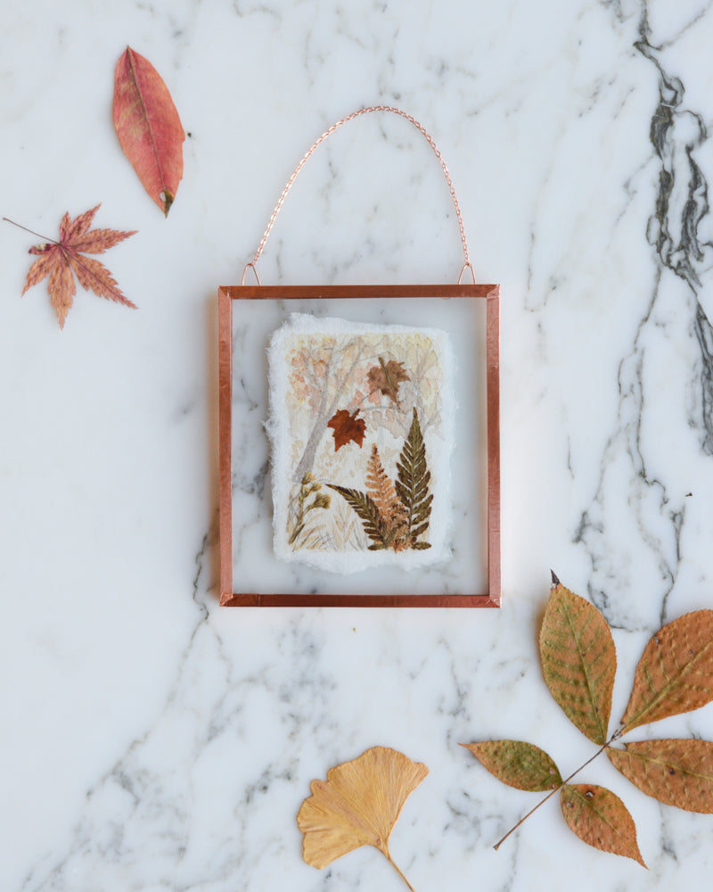 Falling Leaves - Watercolor in Small Glass and Copper Wall Hanging