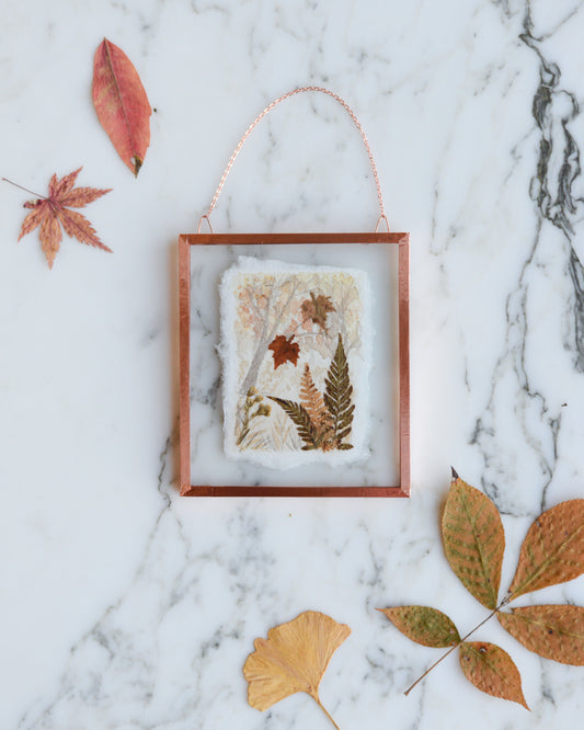 Falling Leaves - Watercolor in Small Glass and Copper Wall Hanging