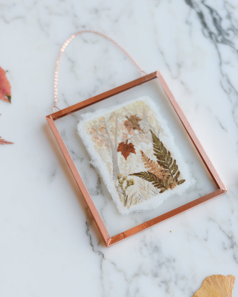Falling Leaves - Watercolor in Small Glass and Copper Wall Hanging