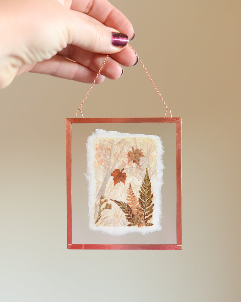 Falling Leaves - Watercolor in Small Glass and Copper Wall Hanging