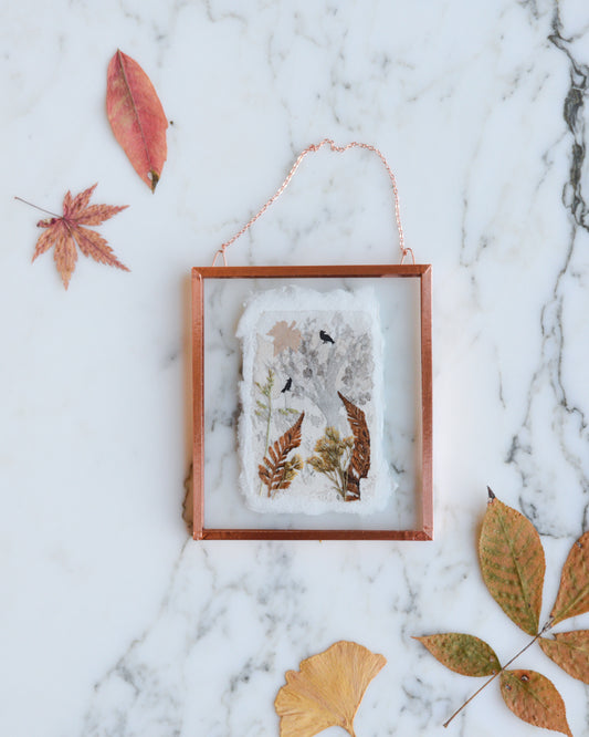 Falling Leaves - Watercolor in Small Glass and Copper Wall Hanging