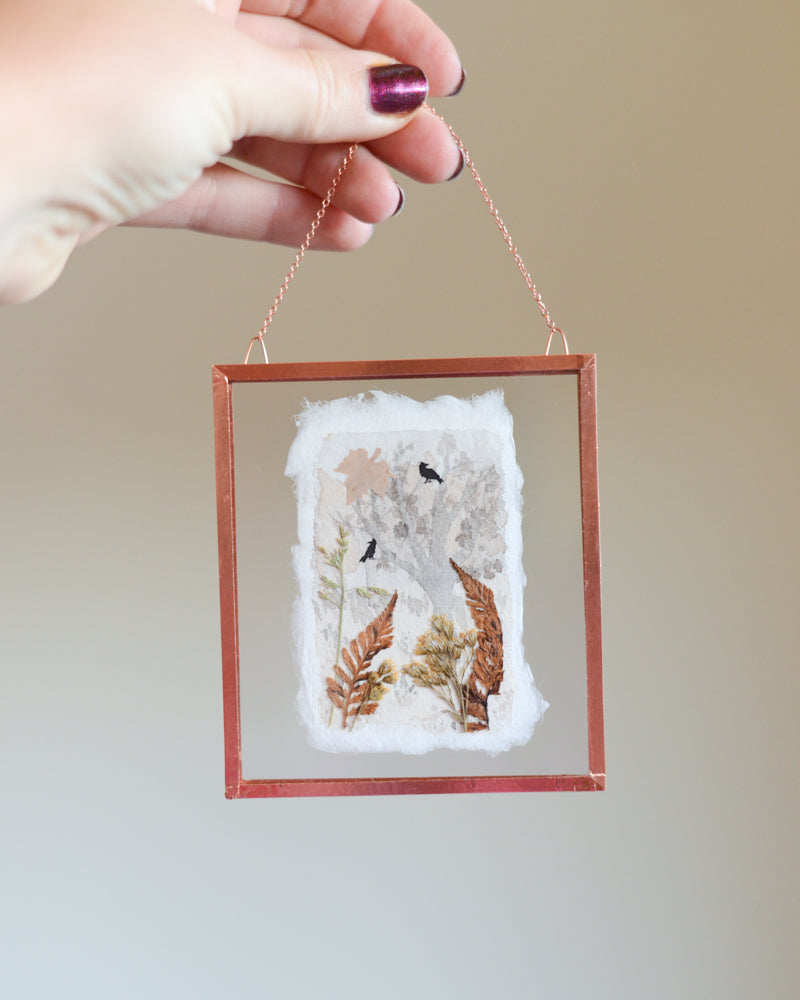 Falling Leaves - Watercolor in Small Glass and Copper Wall Hanging