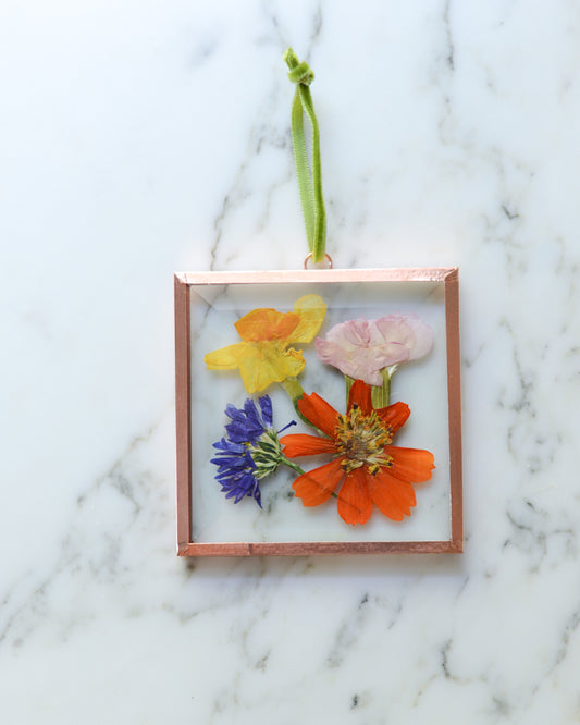 Birth Flower Family Ornament - Real Pressed Flowers in Beveled Glass and Copper