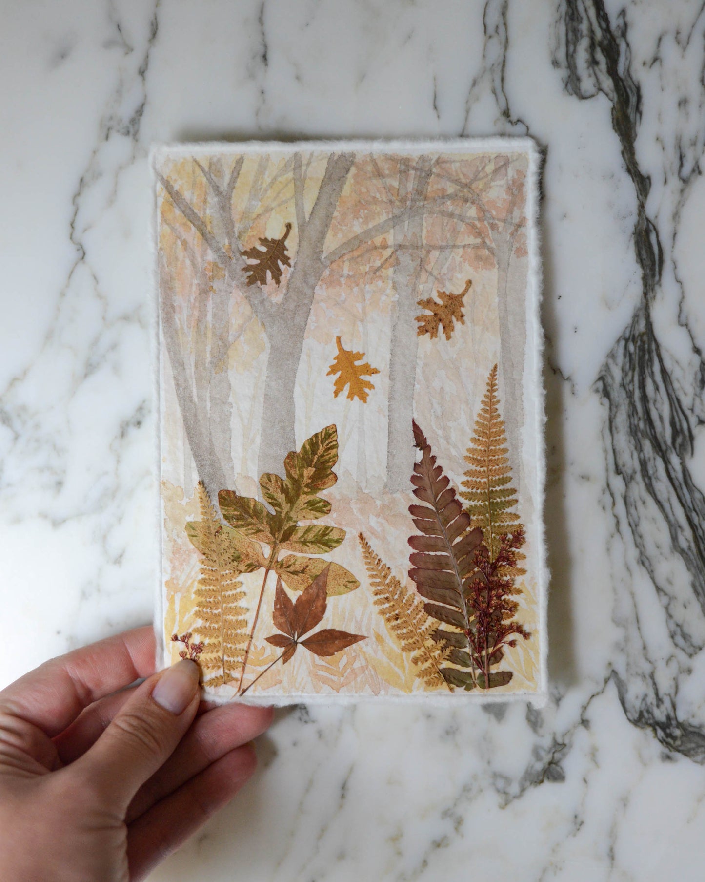 October Forest - Original Artwork, 5x7" Watercolor and Pressed Flowers