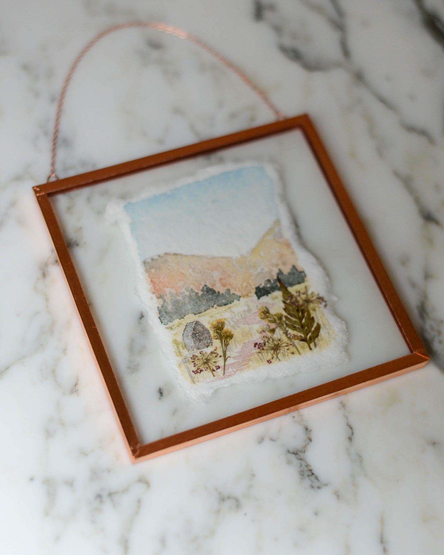 October Hills - Watercolor in Small Glass and Copper Wall Hanging