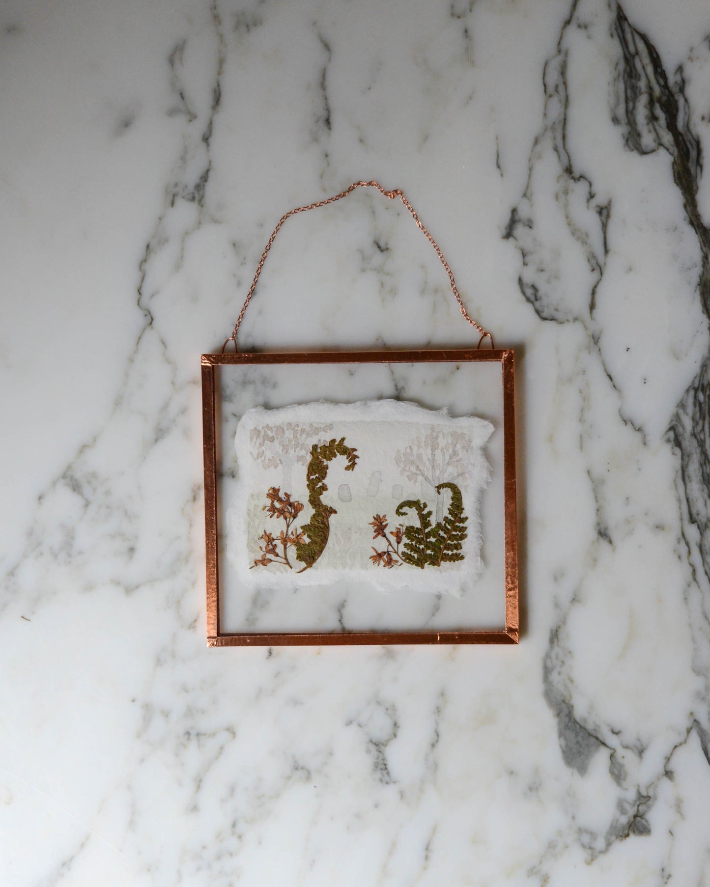 Fog and Ferns - Watercolor in Small Glass and Copper Wall Hanging