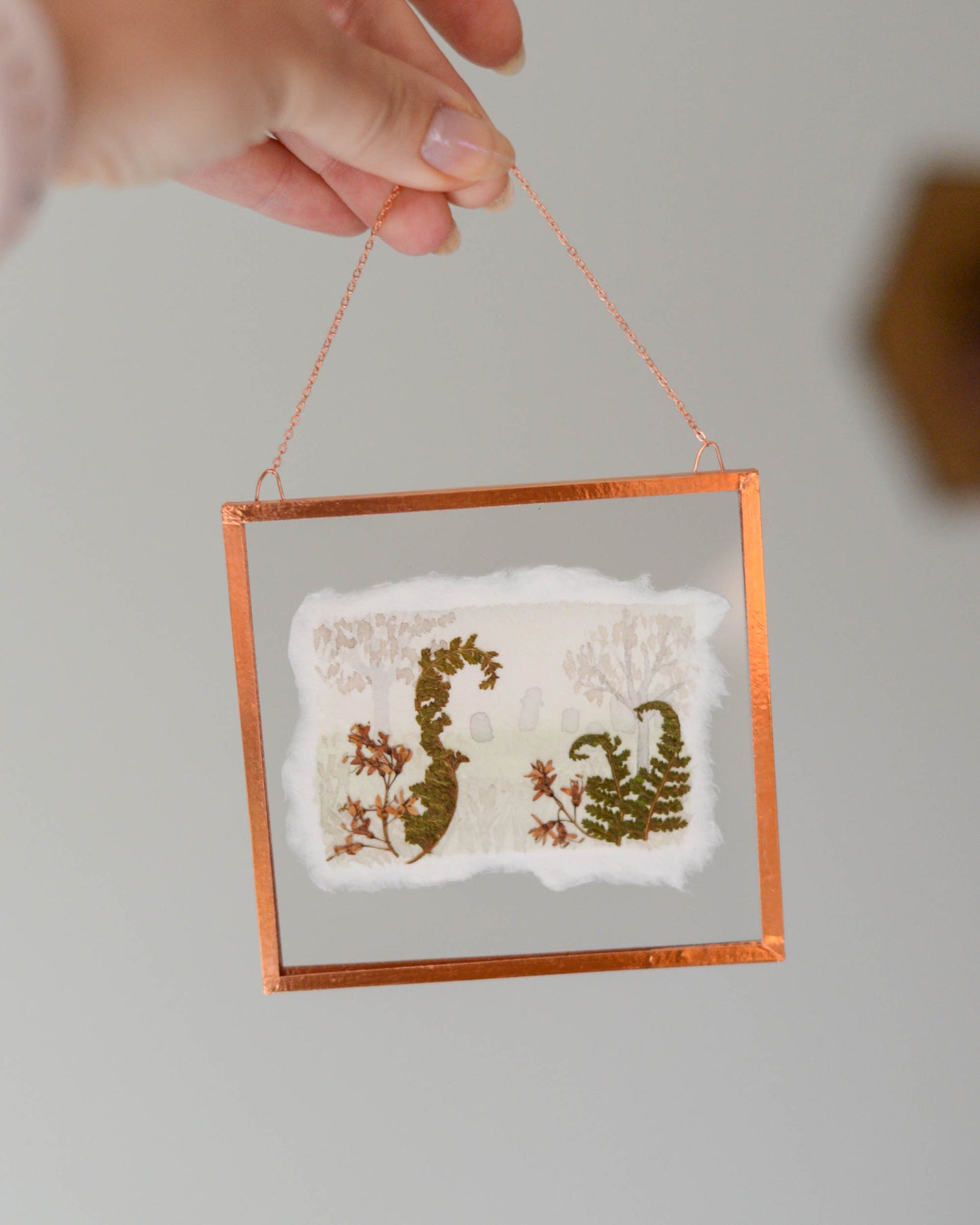 Fog and Ferns - Watercolor in Small Glass and Copper Wall Hanging